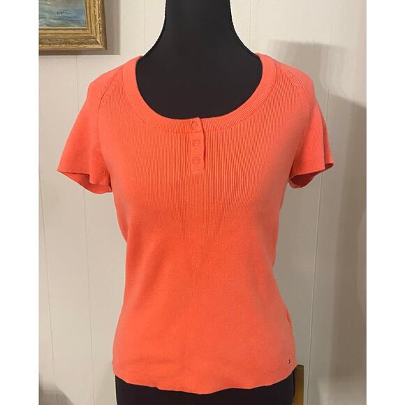 Tommy Hilfiger Ribbed Short Sleeve Pink Round Neck Snap Henley Sweater Shirt Med - Picture 1 of 6